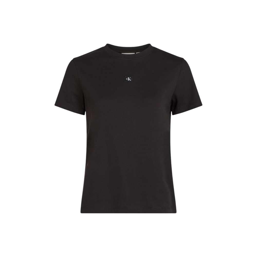 Black Recycled Cotton T-ShirtDiscover the Calvin Klein Jeans WOVEN LABEL REGULAR short-sleeve t-shirt for women, an essential piece for your wardrobe. Made from 100% recycled cotton, this t-shirt provides a soft and comfortable feel against the skin. The
