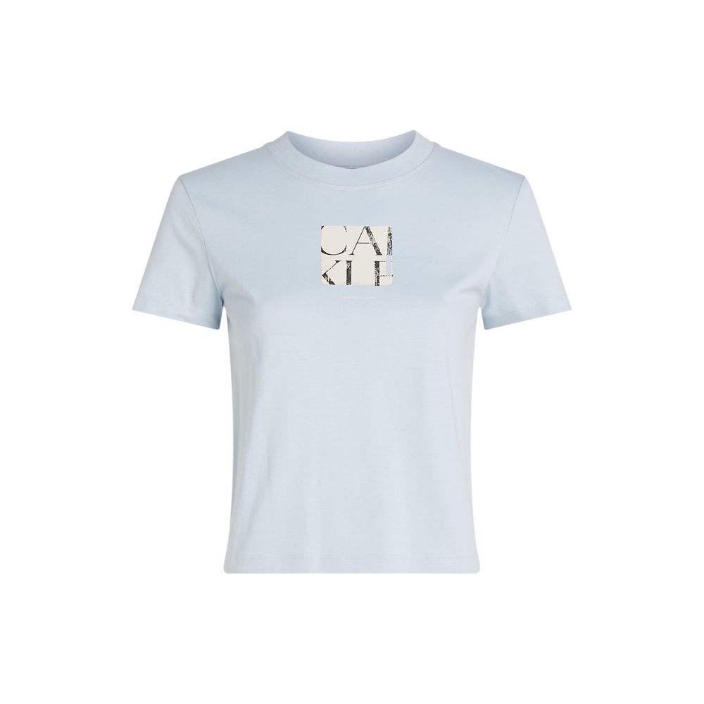 Blue Recycled Cotton T-ShirtDiscover the short-sleeve women’s t-shirt by Calvin Klein Jeans, a clothing item that combines style and sustainability. Made from 100% recycled cotton, this t-shirt is perfect for those looking for a casual yet refined look. T