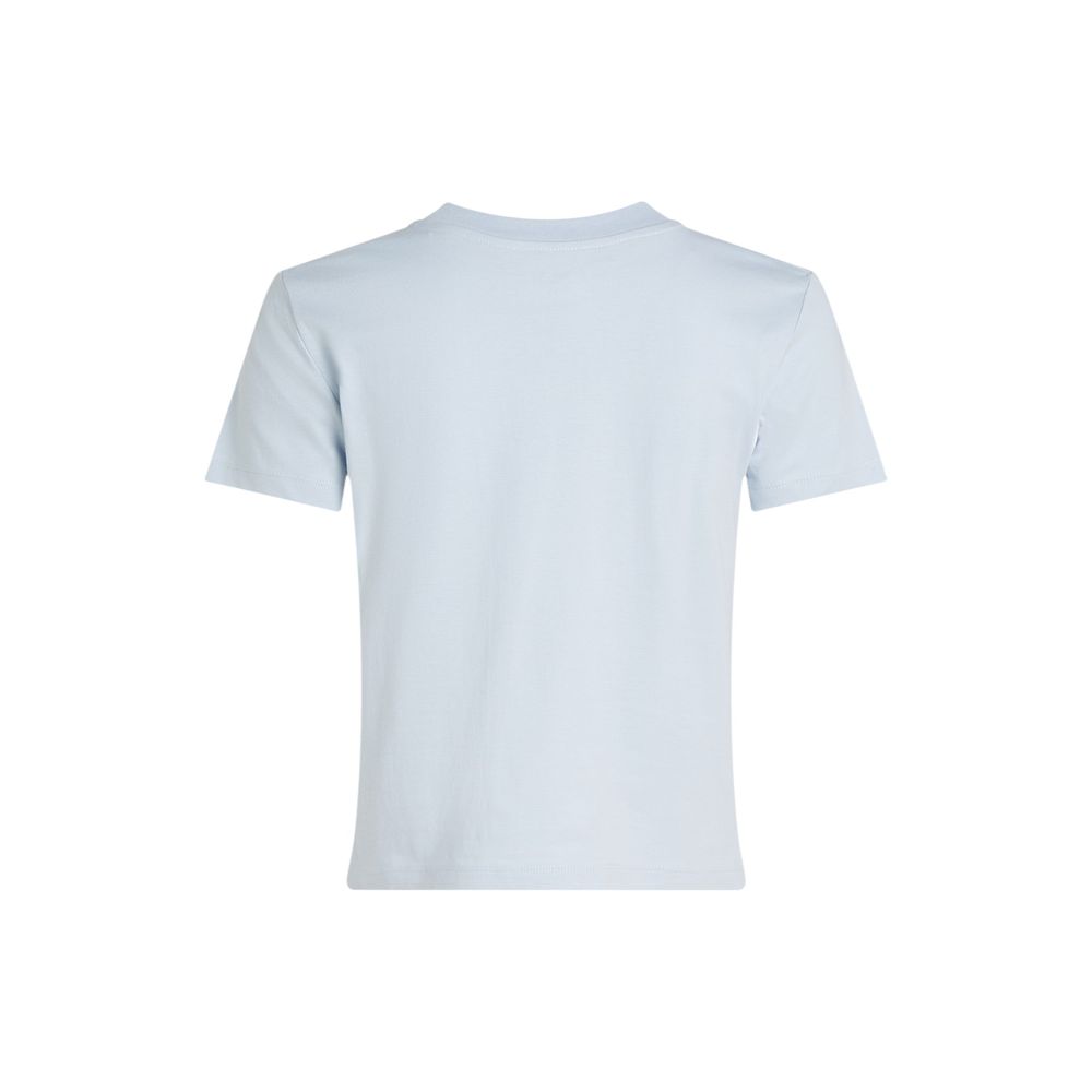 Blue Recycled Cotton T-ShirtDiscover the short-sleeve women’s t-shirt by Calvin Klein Jeans, a clothing item that combines style and sustainability. Made from 100% recycled cotton, this t-shirt is perfect for those looking for a casual yet refined look. T