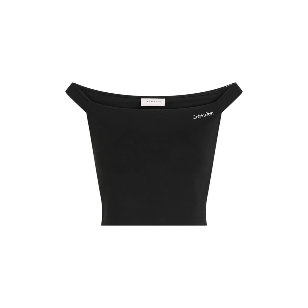 Black Viscose TopDiscover the Calvin Klein Jeans LOGO BARDOT MILANO J20J225542 women’s t-shirt and top, a clothing item that combines style and comfort. Made from a blend of 66% viscose, 30% polyamide, and 4% elastane/lycra, this shirt offers a fitted sil