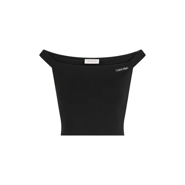 Black Viscose TopDiscover the Calvin Klein Jeans LOGO BARDOT MILANO J20J225542 women’s t-shirt and top, a clothing item that combines style and comfort. Made from a blend of 66% viscose, 30% polyamide, and 4% elastane/lycra, this shirt offers a fitted sil