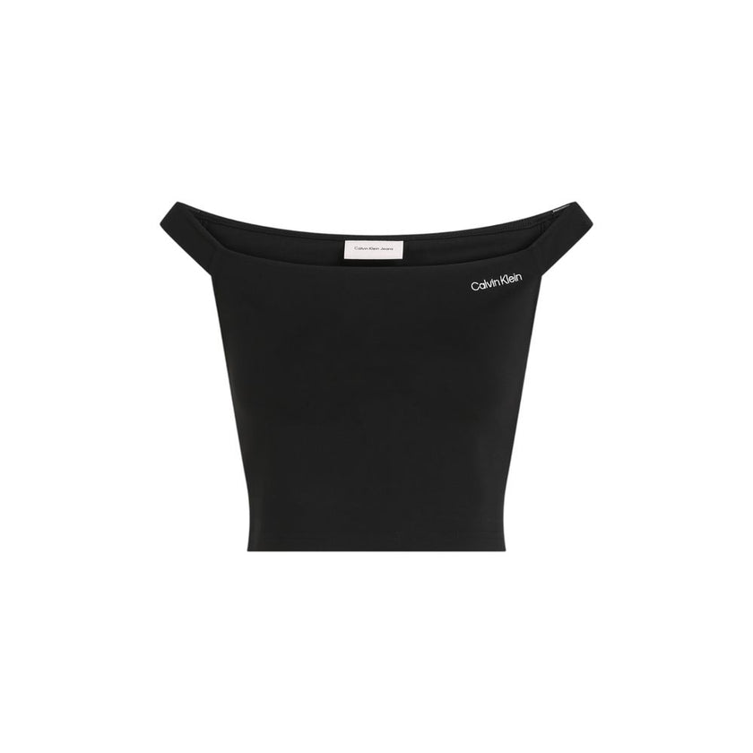 Black Viscose TopDiscover the Calvin Klein Jeans LOGO BARDOT MILANO J20J225542 women’s t-shirt and top, a clothing item that combines style and comfort. Made from a blend of 66% viscose, 30% polyamide, and 4% elastane/lycra, this shirt offers a fitted sil
