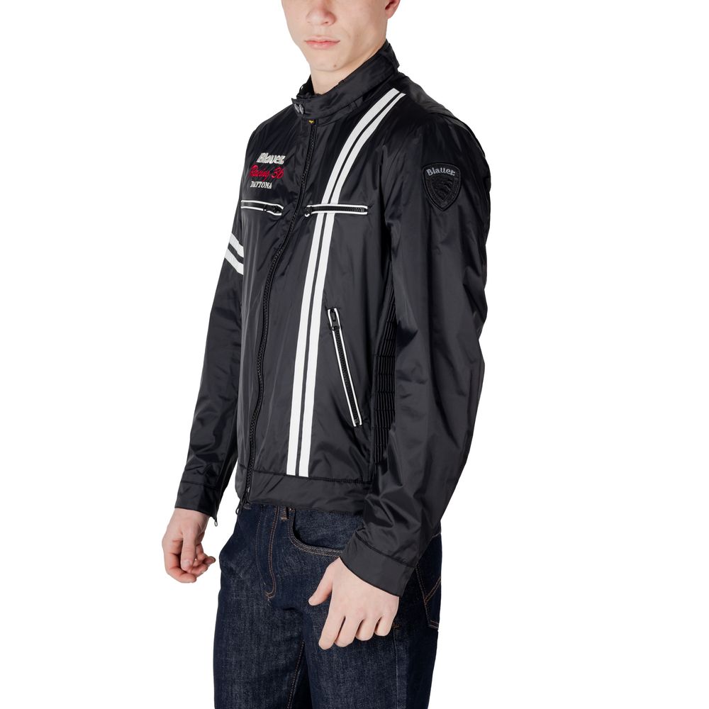 Black Synthetic Biker Jacket with Racing Stripes