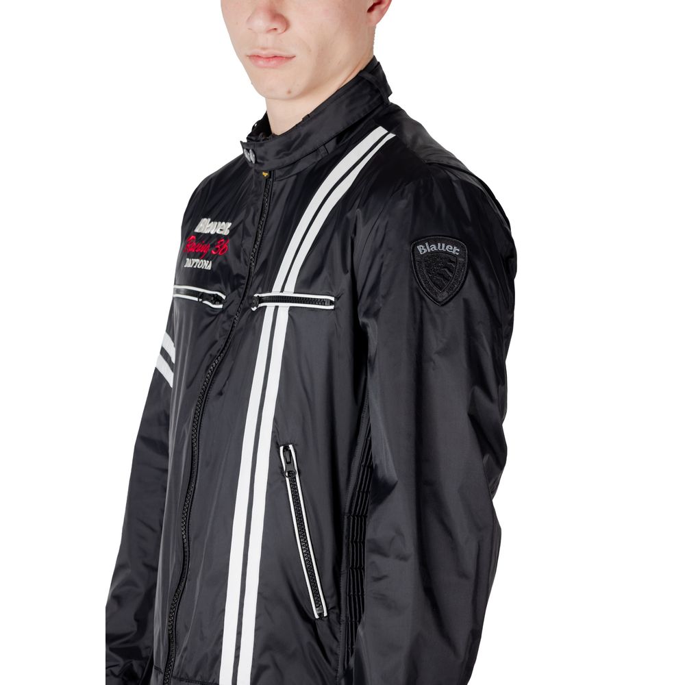 Black Synthetic Biker Jacket with Racing Stripes