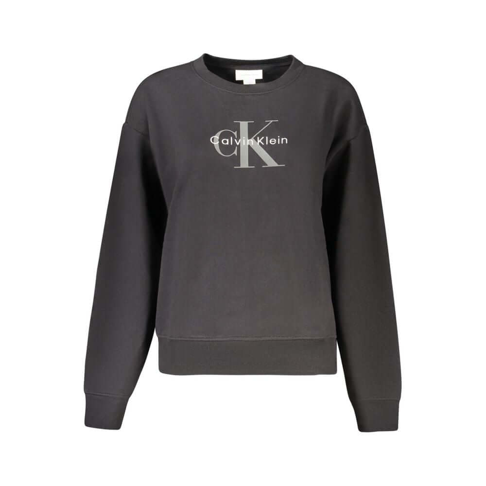 Black Cotton Women SweaterElevate your wardrobe with the bold elegance of Calvin Klein. This sleek black sweatshirt boasts a trendy design with its brushed texture and striking logo, complemented by an artistic blend of print and embroidery. Crafted with