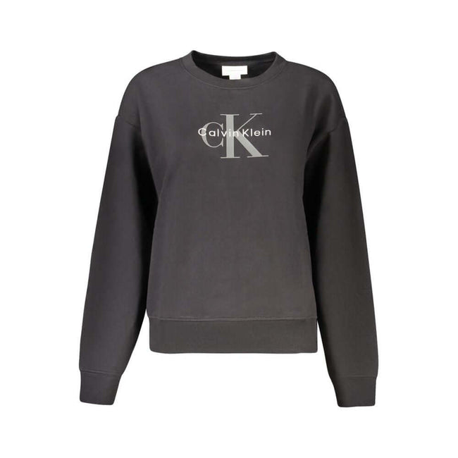 Black Cotton Women SweaterElevate your wardrobe with the bold elegance of Calvin Klein. This sleek black sweatshirt boasts a trendy design with its brushed texture and striking logo, complemented by an artistic blend of print and embroidery. Crafted with