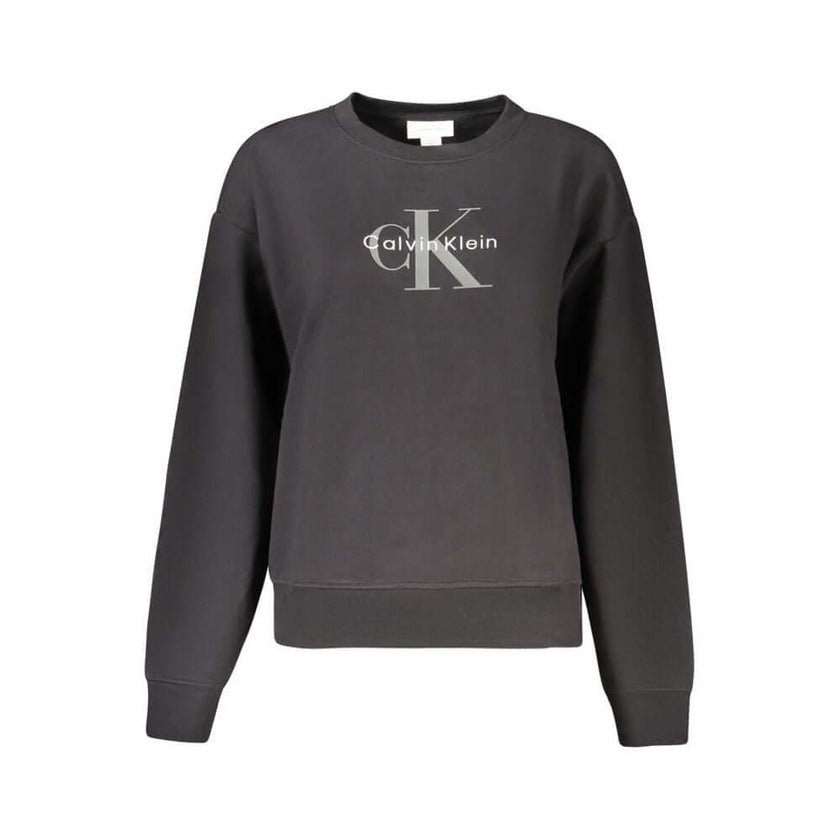 Black Cotton Women SweaterElevate your wardrobe with the bold elegance of Calvin Klein. This sleek black sweatshirt boasts a trendy design with its brushed texture and striking logo, complemented by an artistic blend of print and embroidery. Crafted with