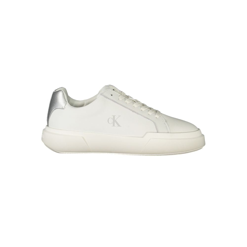 White Leather Women SneakerElevate your footwear collection with the quintessential blend of comfort and style from Calvin Klein. These chic sneakers boast a pristine white palette, accented by striking silver details that command attention. Designed for