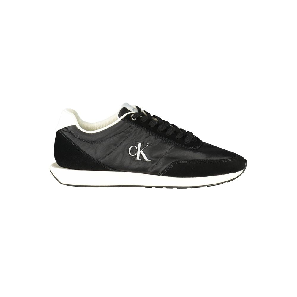 Black Recycled Polyester Men SneakerStep into the world of eco-conscious fashion with Calvin Klein’s striking sneakers that blend style, sustainability, and sporty sophistication. This pair captivates with its sleek black design, accented by eye-catching