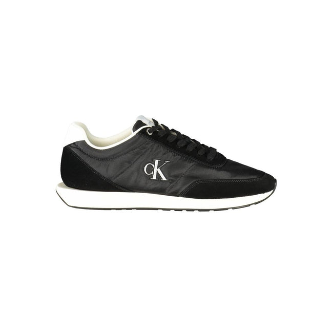Black Recycled Polyester Men SneakerStep into the world of eco-conscious fashion with Calvin Klein’s striking sneakers that blend style, sustainability, and sporty sophistication. This pair captivates with its sleek black design, accented by eye-catching