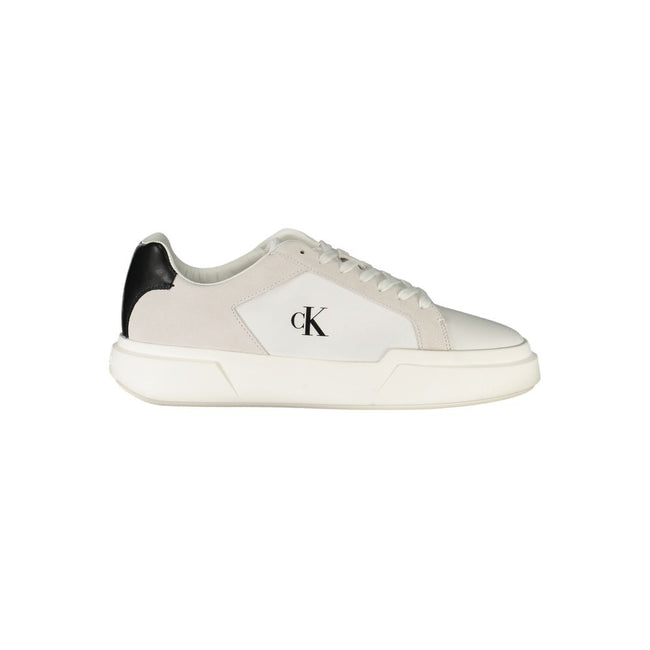 White Leather Men SneakerUnleash your stride with Calvin Klein’s latest fusion of style and comfort in these sleek sneakers. Boasting a modern design with striking black accents, they cater to those who stand confidently at the intersection of fashion and