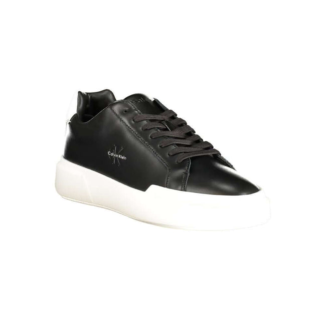 Black Leather Men's SneakerElevate your athletic ensemble with Calvin Klein’s latest offering—sleek sports shoes designed to turn heads and enhance performance. These sneakers boast a bold black base with striking white contrasts that command attention. E