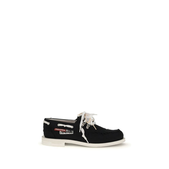 Black Cotton Slip-On LoafersThe Boat Shoes by Dsquared2 combine traditional structure with lightweight materials. Featuring a cotton upper and a white rubber sole, they offer comfort, breathability, and practicality. Ideal for those seeking a relaxed yet