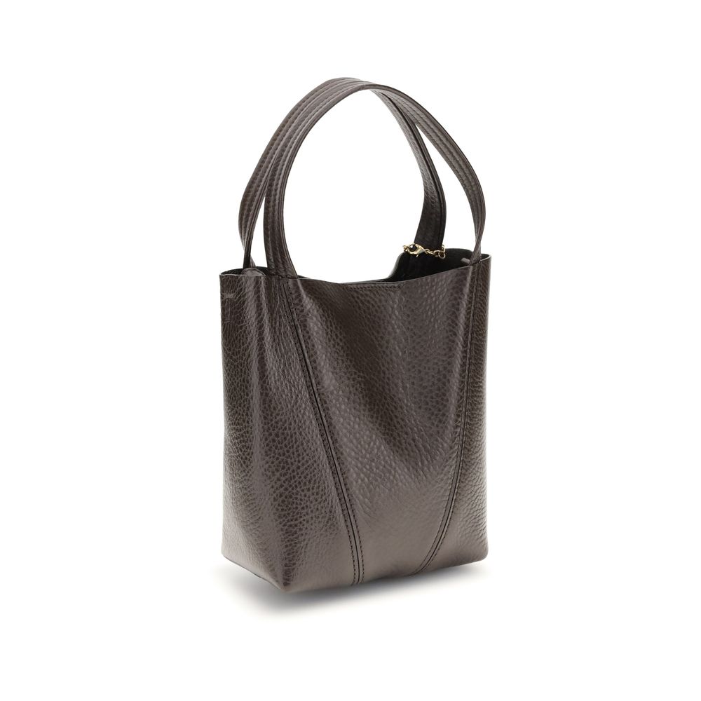 Spin Shoulder BagThe Spin Shoulder Bag by Chloé, crafted by shiny grained leather, features an elegant design with two flat top handles and an adjustable shoulder strap. The closure is secured by a magnetic button, while the detail of the hanging chain wi