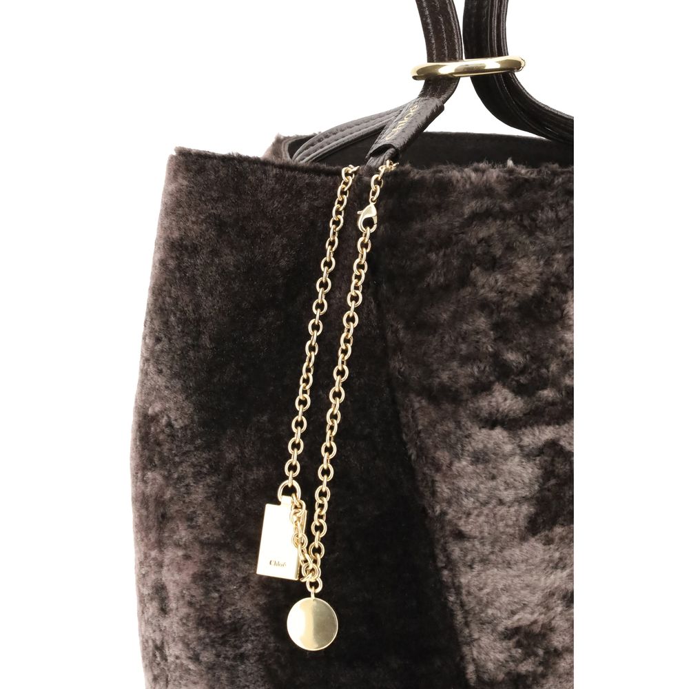 Brown Lamb Ovis Aries Aries Shoulder BagThe Spin Shearling Tote Bag by Chloé is a dark brown shearling tote accented with gold-tone hardware. It features double handles and a decorative chain with Chloé and Horse pendants. The tone-on-tone interior comple