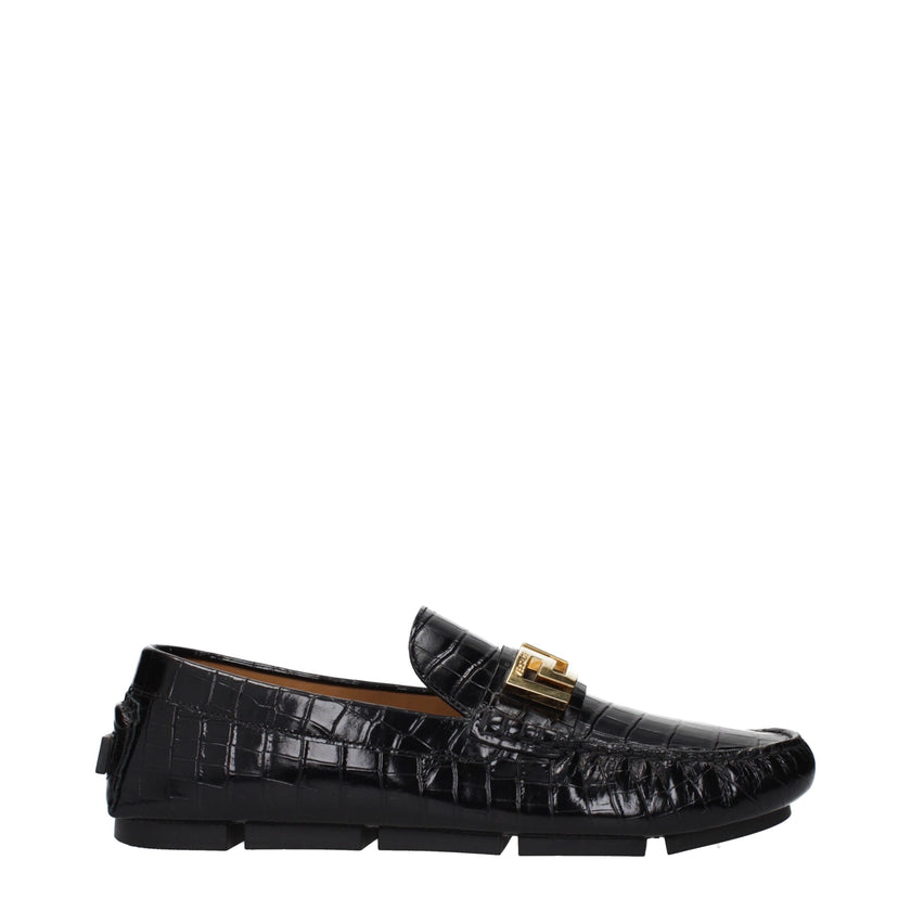 Black Leather Slip-On LoafersDescription: The product with MPN 10037931A009991B00V and code F84699 leather in black is a loafers designed by Versace. It has features like front logo, back logo.Black Leather Slip-On Loafers${tagsVersaceAulae Black Leather