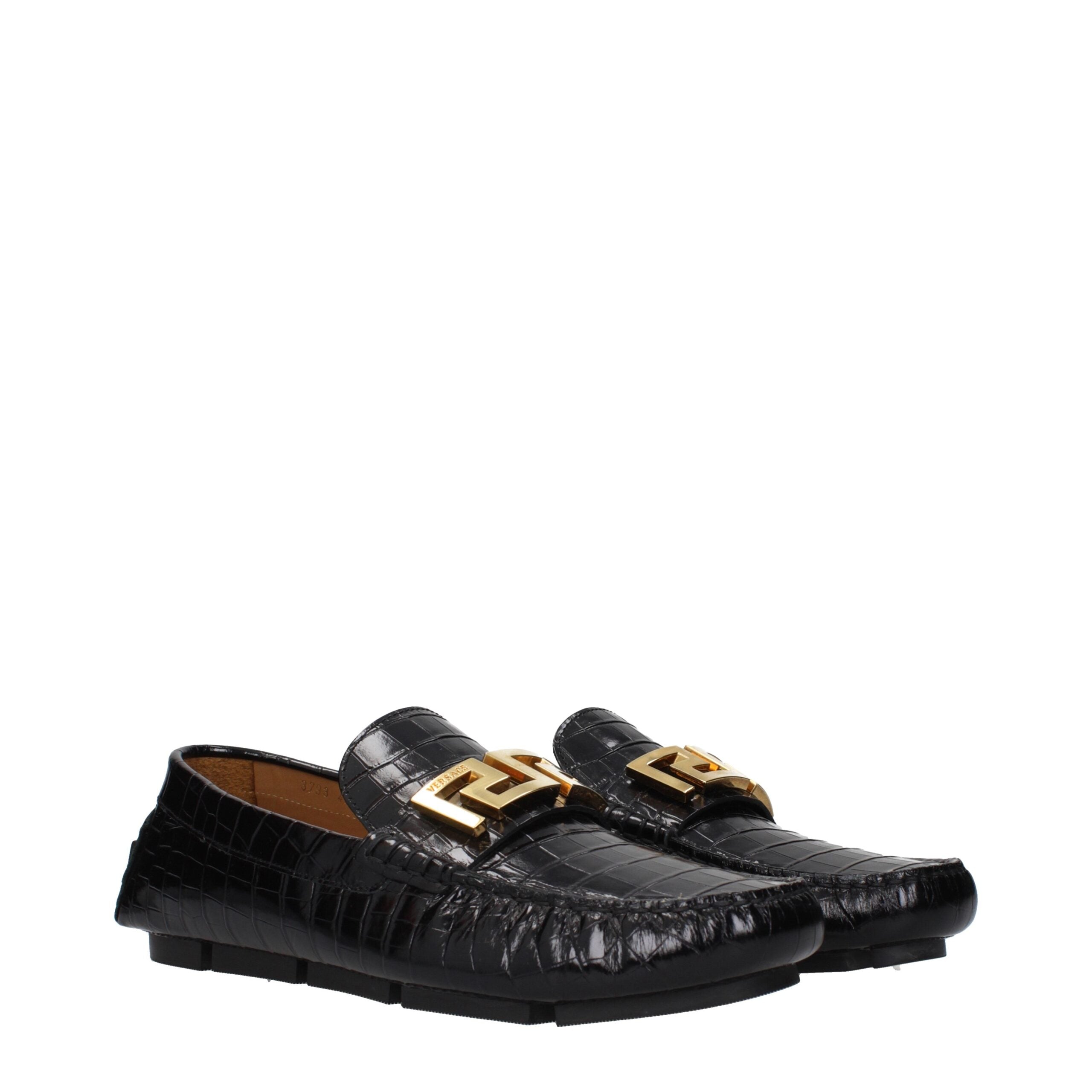Black Leather Slip-On LoafersDescription: The product with MPN 10037931A009991B00V and code F84699 leather in black is a loafers designed by Versace. It has features like front logo, back logo.Black Leather Slip-On Loafers${tagsVersaceAulae Black Leather