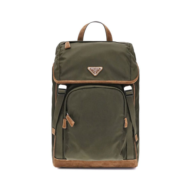 Green Recycled Polyamide BackpackPrada’s re-nylon Backpack combines practicality and sustainable style. Featuring two adjustable shoulder straps and a handle, it has a front flap closure secured by external buckles and an internal drawstring closure for a