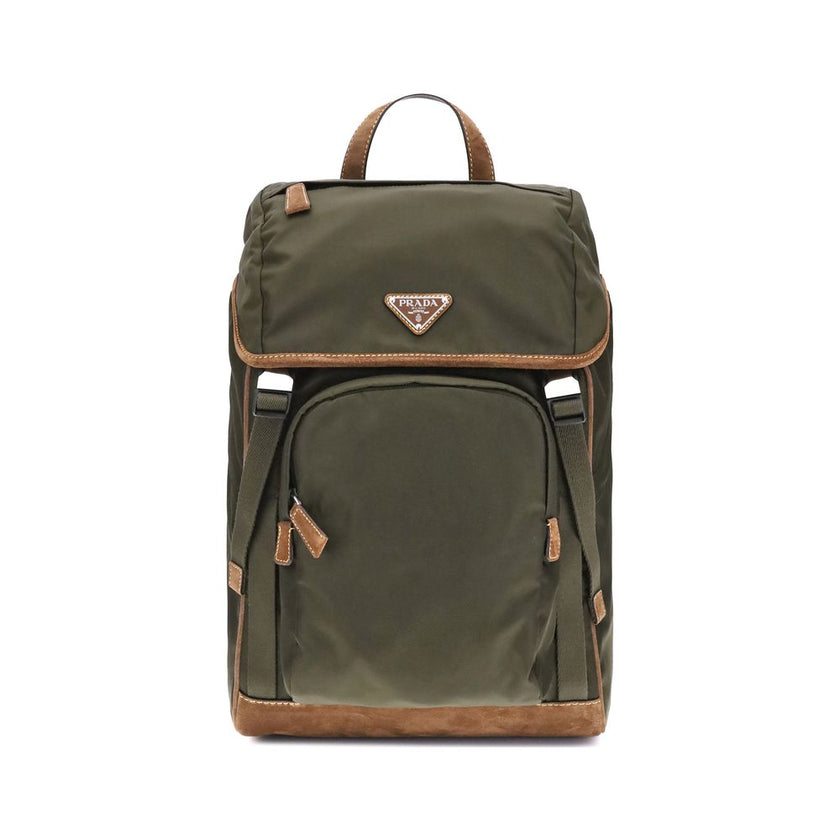 Green Recycled Polyamide BackpackPrada’s re-nylon Backpack combines practicality and sustainable style. Featuring two adjustable shoulder straps and a handle, it has a front flap closure secured by external buckles and an internal drawstring closure for a