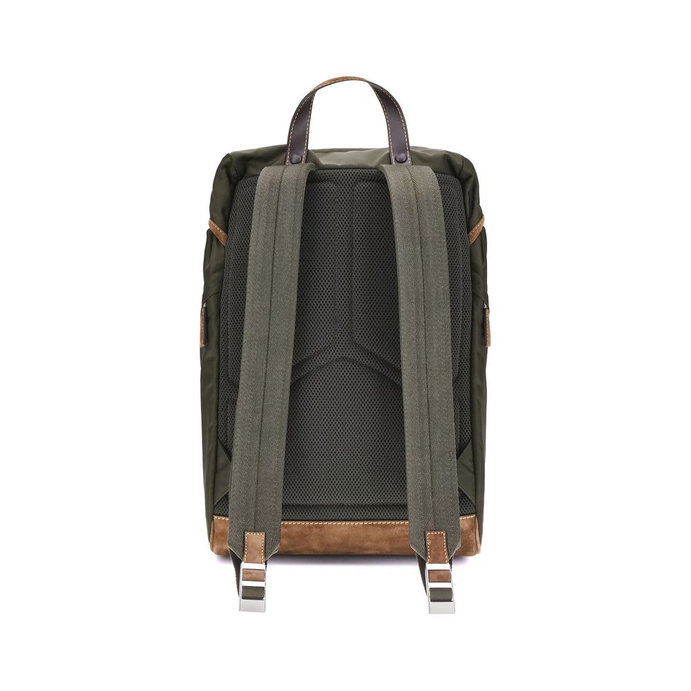 Green Recycled Polyamide BackpackPrada’s re-nylon Backpack combines practicality and sustainable style. Featuring two adjustable shoulder straps and a handle, it has a front flap closure secured by external buckles and an internal drawstring closure for a