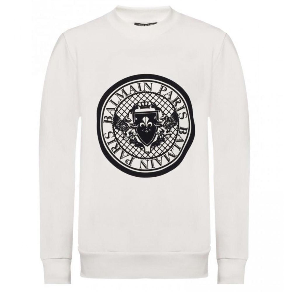 White Cotton SweatshirtBalmain white cotton crewneck sweatshirt with contrasting black velvet logo print, ribbed collar, cuffs and hemWhite Cotton Sweatshirt${tagsBalmainAulae White Cotton Sweatshirt BalmainAulae White Cotton Sweatshirt Balmain white cott