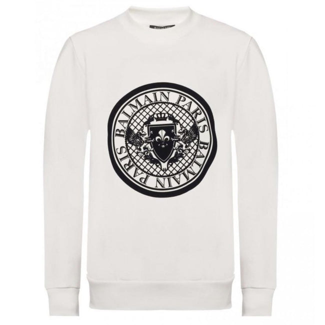 White Cotton SweatshirtBalmain white cotton crewneck sweatshirt with contrasting black velvet logo print, ribbed collar, cuffs and hemWhite Cotton Sweatshirt${tagsBalmainAulae White Cotton Sweatshirt BalmainAulae White Cotton Sweatshirt Balmain white cott