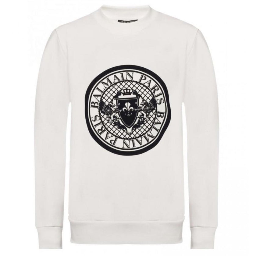 White Cotton SweatshirtBalmain white cotton crewneck sweatshirt with contrasting black velvet logo print, ribbed collar, cuffs and hemWhite Cotton Sweatshirt${tagsBalmainAulae White Cotton Sweatshirt BalmainAulae White Cotton Sweatshirt Balmain white cott