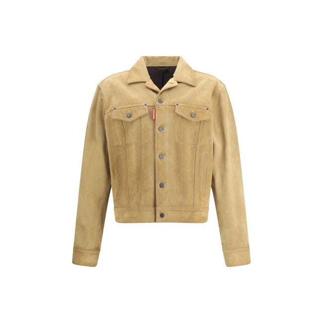 Beige Leather Denim JacketDsquared2’s suede Jacket is a statement piece made from soft suede. It features a front button closure, flap and button pockets on the chest and welt pockets on the sides. Button cuffs and adjustable side buttons at the waist com