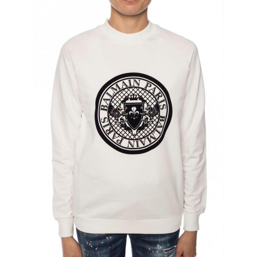 White Cotton SweatshirtBalmain white cotton crewneck sweatshirt with contrasting black velvet logo print, ribbed collar, cuffs and hemWhite Cotton Sweatshirt${tagsBalmainAulae White Cotton Sweatshirt BalmainAulae White Cotton Sweatshirt Balmain white cott