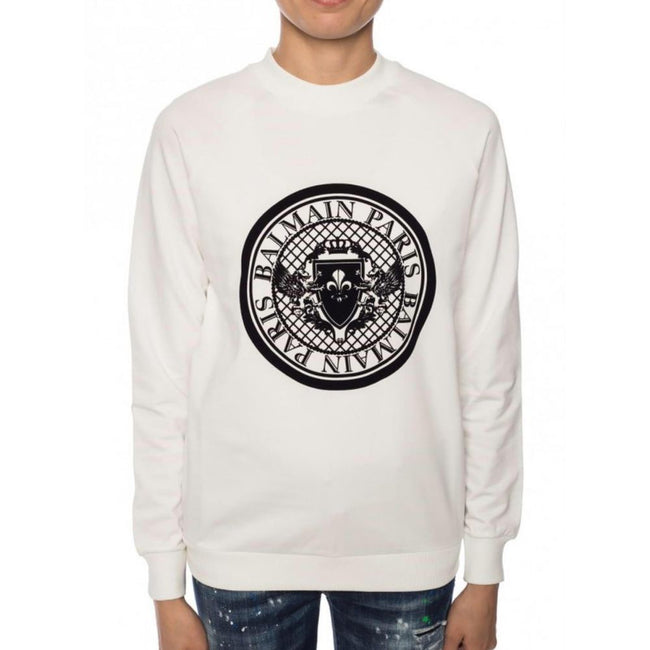 White Cotton SweatshirtBalmain white cotton crewneck sweatshirt with contrasting black velvet logo print, ribbed collar, cuffs and hemWhite Cotton Sweatshirt${tagsBalmainAulae White Cotton Sweatshirt BalmainAulae White Cotton Sweatshirt Balmain white cott