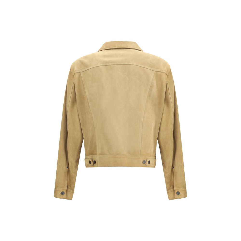 Beige Leather Denim JacketDsquared2’s suede Jacket is a statement piece made from soft suede. It features a front button closure, flap and button pockets on the chest and welt pockets on the sides. Button cuffs and adjustable side buttons at the waist com