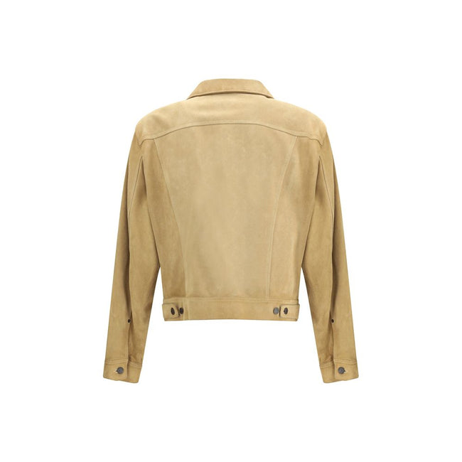 Beige Leather Denim JacketDsquared2’s suede Jacket is a statement piece made from soft suede. It features a front button closure, flap and button pockets on the chest and welt pockets on the sides. Button cuffs and adjustable side buttons at the waist com