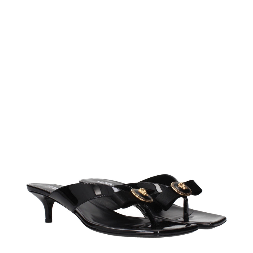 Black Leather Stiletto Heel SandalsDescription: The product with MPN 10130171A089831B00V and code F84700 patent leather in black is a sandals designed by Versace. It has features like front logo, front detail.Black Leather Stiletto Heel Sandals${tagsVersa