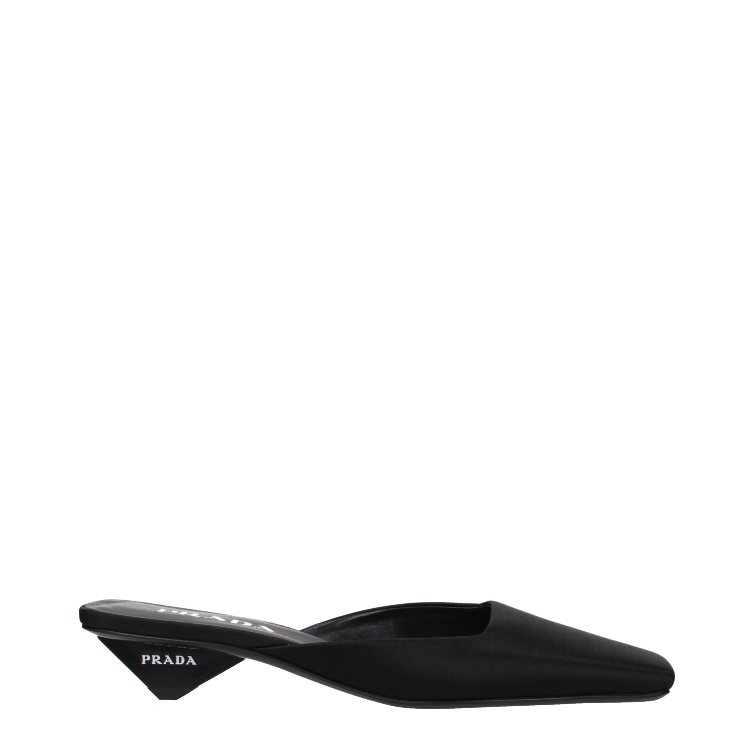 Schwarze Prada-Flachsandalen aus Satin mit Seitenlogo