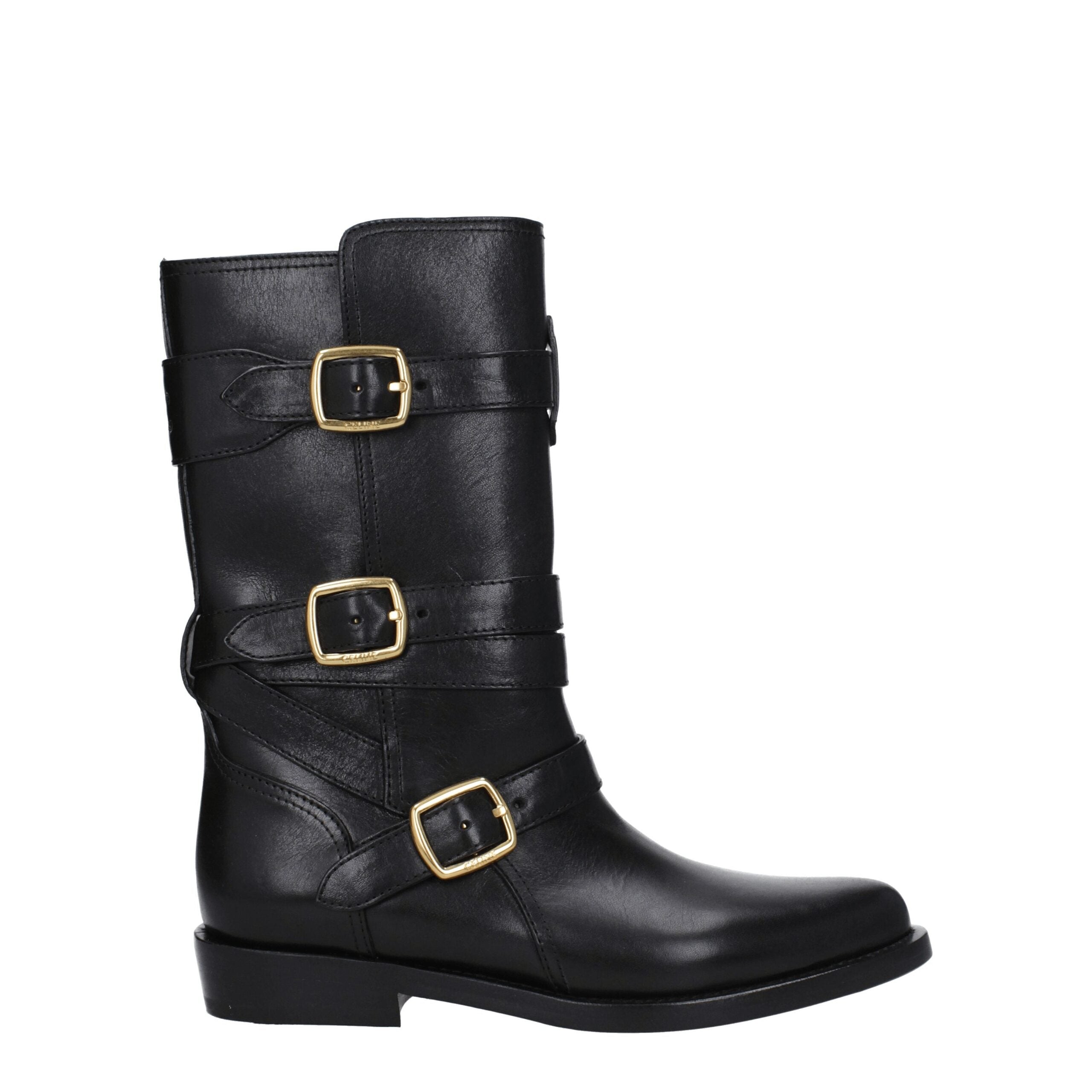 Black Leather Flat BootsDescription: The product with MPN 354983492C38NO and code F78936 leather in black is a boots designed by Celine. It has features like aged effect, vintage effect, side logo. Additional Info: Color details: Gold Style: Casual Materi