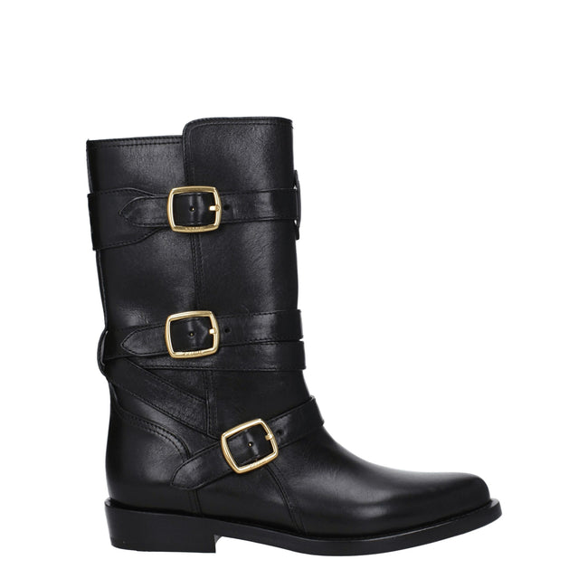 Black Leather Flat BootsDescription: The product with MPN 354983492C38NO and code F78936 leather in black is a boots designed by Celine. It has features like aged effect, vintage effect, side logo. Additional Info: Color details: Gold Style: Casual Materi