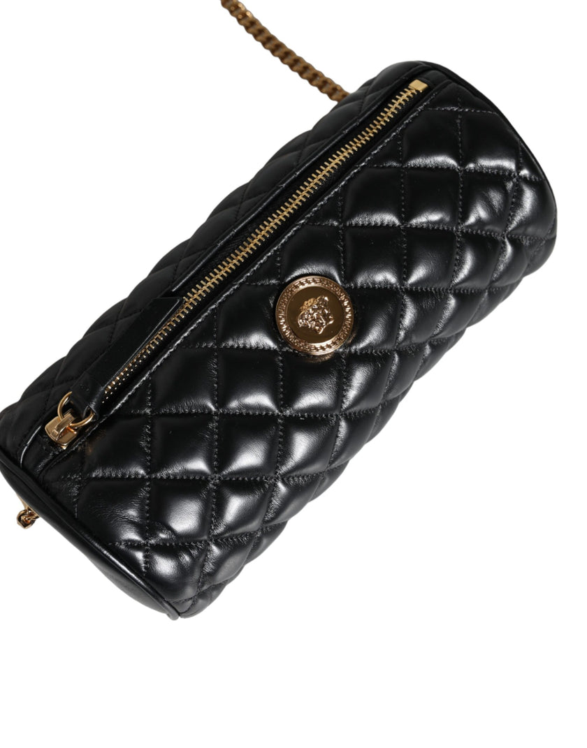 Black Mini Quilted Lambskin Leather Crossbody Sling Borse BagVERSACE Absolutely stunning, 100% Authentic brand new Versace bag. Brand logo, solid color, crossbody strap, and zipper fastening.Model: Crossbody bagColor: BlackMaterial: AOS 100%, 60% Cotton,