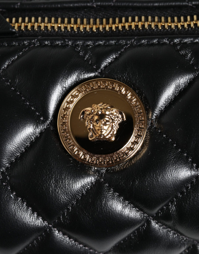 Black Mini Quilted Lambskin Leather Crossbody Sling Borse BagVERSACE Absolutely stunning, 100% Authentic brand new Versace bag. Brand logo, solid color, crossbody strap, and zipper fastening.Model: Crossbody bagColor: BlackMaterial: AOS 100%, 60% Cotton,