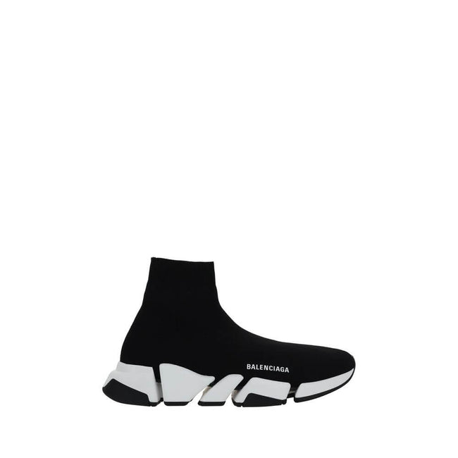 Black Polyester Athletic SneakersThe Speed Sneakers by Balenciaga feature a sock-like design with an elongated toe and a ribbed ankle cuff for snug comfort. The contrasting logo on the outer side lends a distinctive touch, while the notched sole ensures g