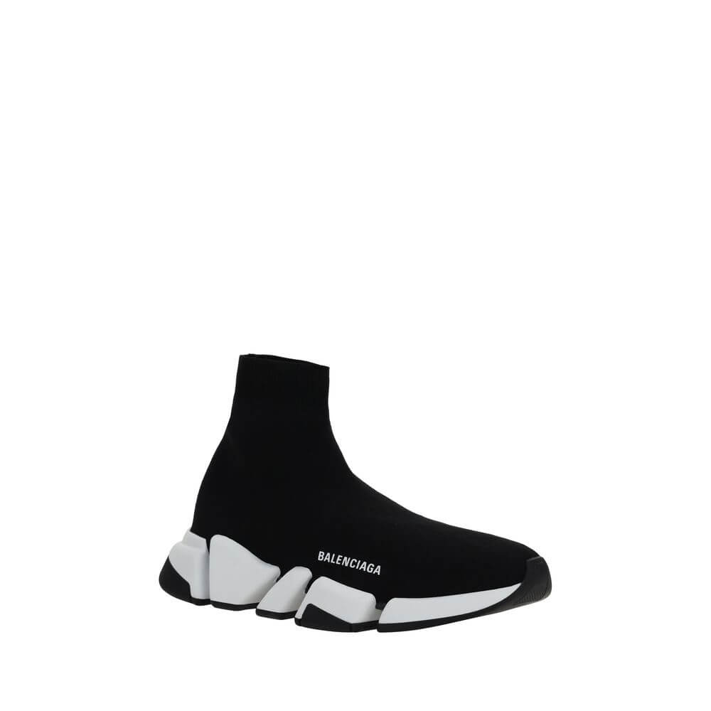 Black Polyester Athletic SneakersThe Speed Sneakers by Balenciaga feature a sock-like design with an elongated toe and a ribbed ankle cuff for snug comfort. The contrasting logo on the outer side lends a distinctive touch, while the notched sole ensures g