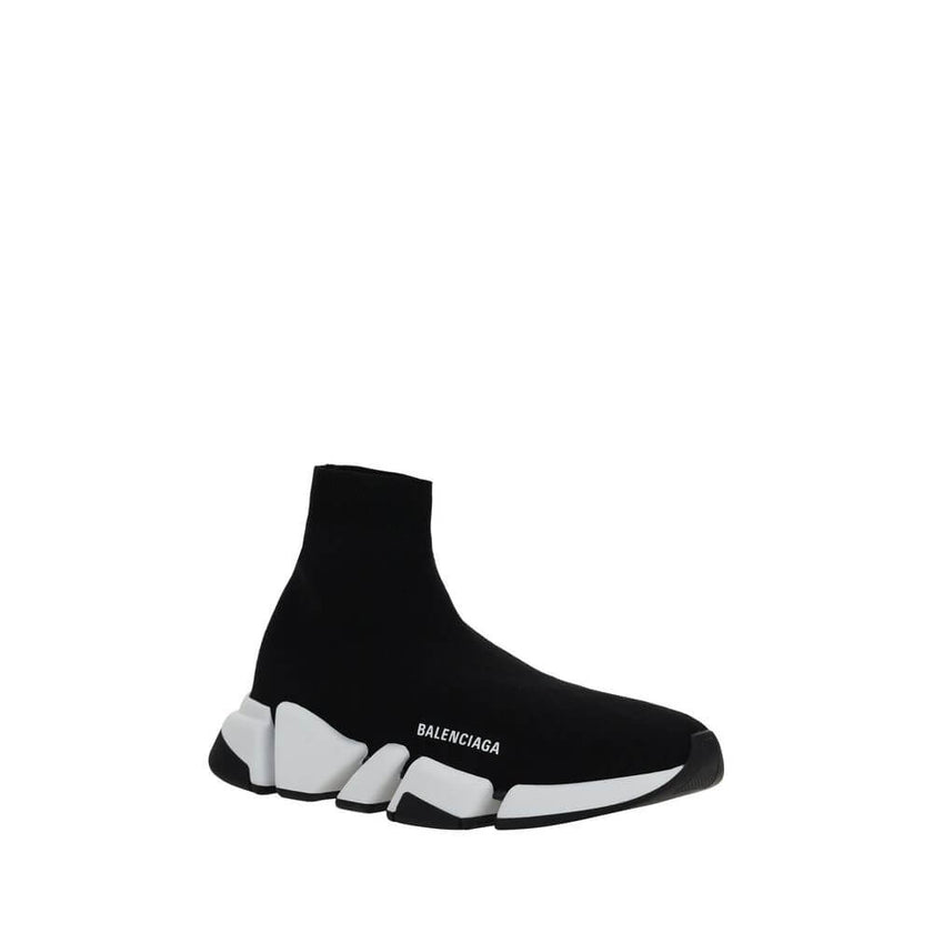 Black Polyester Athletic SneakersThe Speed Sneakers by Balenciaga feature a sock-like design with an elongated toe and a ribbed ankle cuff for snug comfort. The contrasting logo on the outer side lends a distinctive touch, while the notched sole ensures g