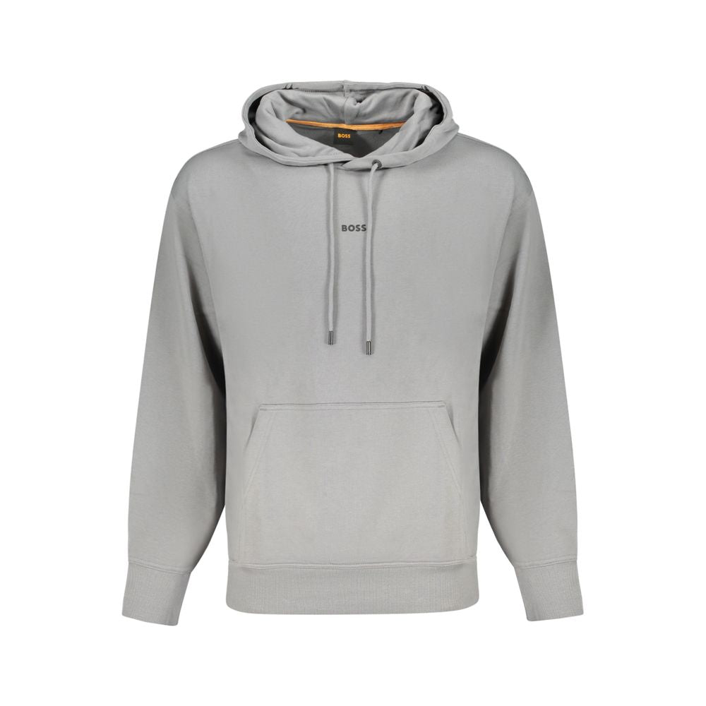 Gray Cotton Men SweaterElevate your leisurewear with the sophistication of Hugo Boss. This long-sleeved, hooded sweatshirt is the epitome of comfort meets style. Brushed for a luxuriously soft feel with a central pocket for functionality, it’s adorned wit