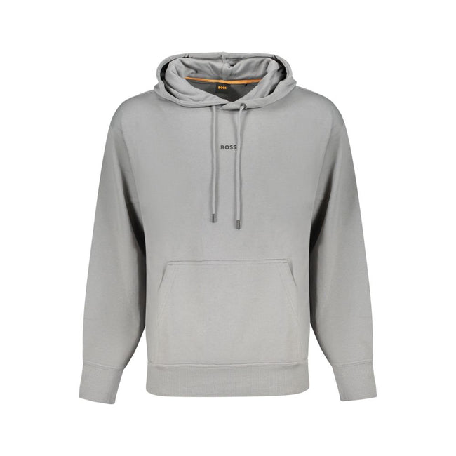 Gray Cotton Men SweaterElevate your leisurewear with the sophistication of Hugo Boss. This long-sleeved, hooded sweatshirt is the epitome of comfort meets style. Brushed for a luxuriously soft feel with a central pocket for functionality, it’s adorned wit