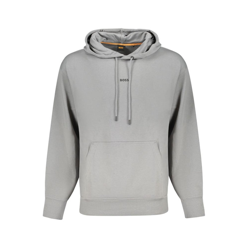 Gray Cotton Men SweaterElevate your leisurewear with the sophistication of Hugo Boss. This long-sleeved, hooded sweatshirt is the epitome of comfort meets style. Brushed for a luxuriously soft feel with a central pocket for functionality, it’s adorned wit
