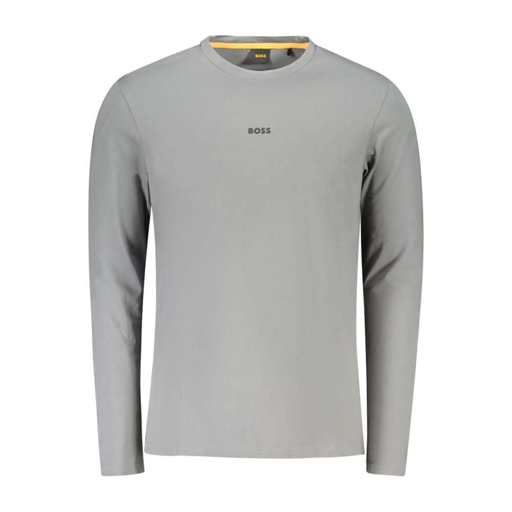 Gray Cotton Men T-ShirtIndulge in the seamless blend of luxury and conscience with Hugo Boss’s crew neck long-sleeved t-shirt. It boasts a sleek applique logo, asserting your style with conviction. Crafted from a sumptuous mix of organic cotton and a touc