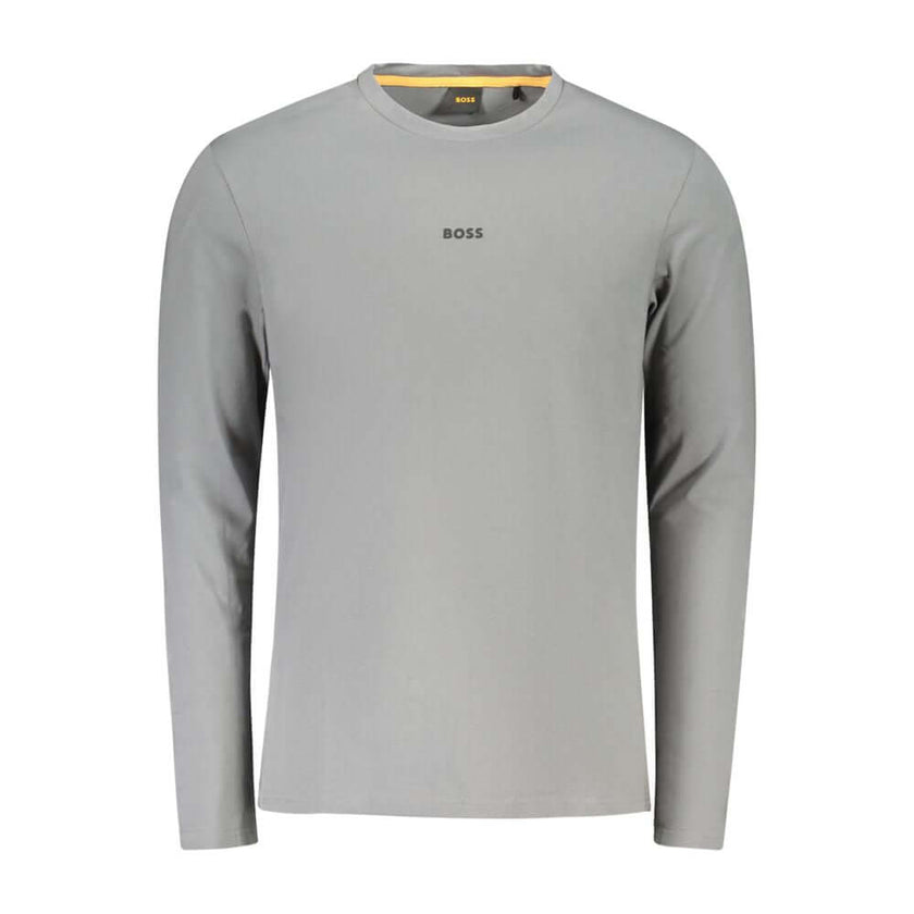 Gray Cotton Men T-ShirtIndulge in the seamless blend of luxury and conscience with Hugo Boss’s crew neck long-sleeved t-shirt. It boasts a sleek applique logo, asserting your style with conviction. Crafted from a sumptuous mix of organic cotton and a touc