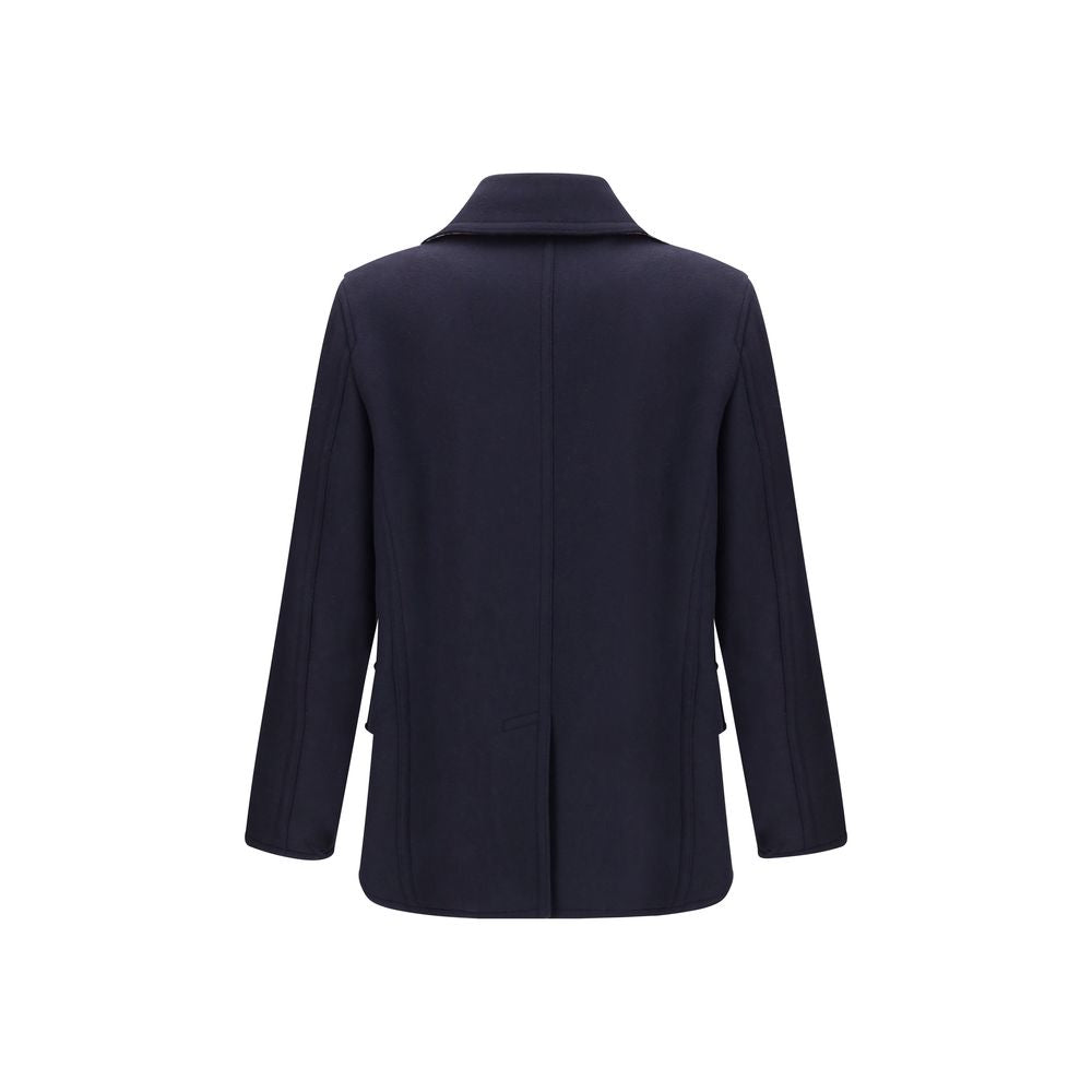 Blue Wool CoatThe Wool Pea Coat by Burberry is crafted in wool with a regular fit and tonal check lining. Its double-breasted design is enhanced by a wool-cotton undercollar woven with the iconic Burberry Check and buttons debossed with the Equestrian Kni