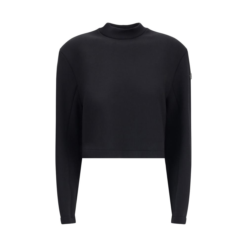 Black Viscose SweatshirtThe Sweatshirt by Moncler x EE72 by Edward Enninful reflects the futuristic style of the collection, combining clean lines with innovative materials. Crafted from Viscose and Neoprene, it features a crew neck design with long sleev