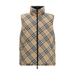 Black Polyester Sleveless JacketThe Reversible Puffer Gilet by Burberry is a versatile piece that combines functionality with iconic style. Padded with goose down and feathers, it ensures warmth and lightness. The reversible design shifts from the signatu