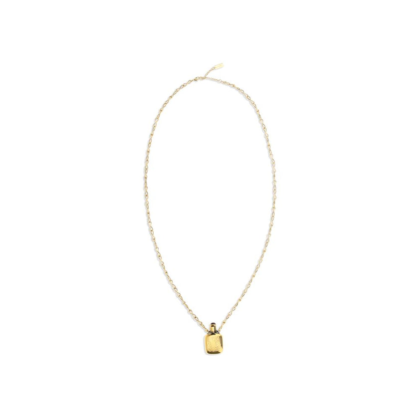 Gold Brass NecklaceThe Elixir pendant Necklace by Chloé is a jewelry piece with a vintage charm, crafted in Vintage Gold brass. The design is enhanced by a square ornamental vial topped with a resin stone. The pendant features an engraved Chloé logo, whil